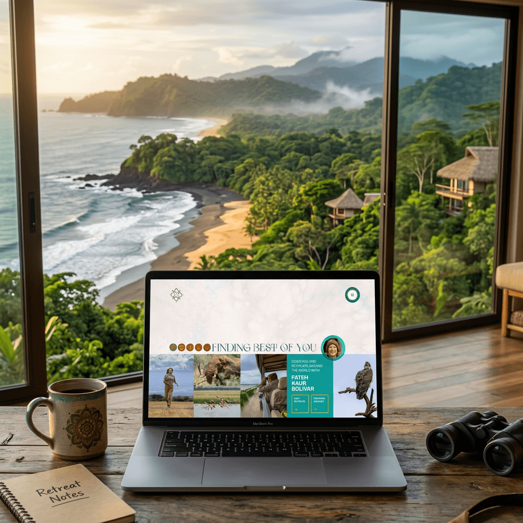 Site do retiro Finding Best of You aberto num notebook, diante de uma praia cercada de mata