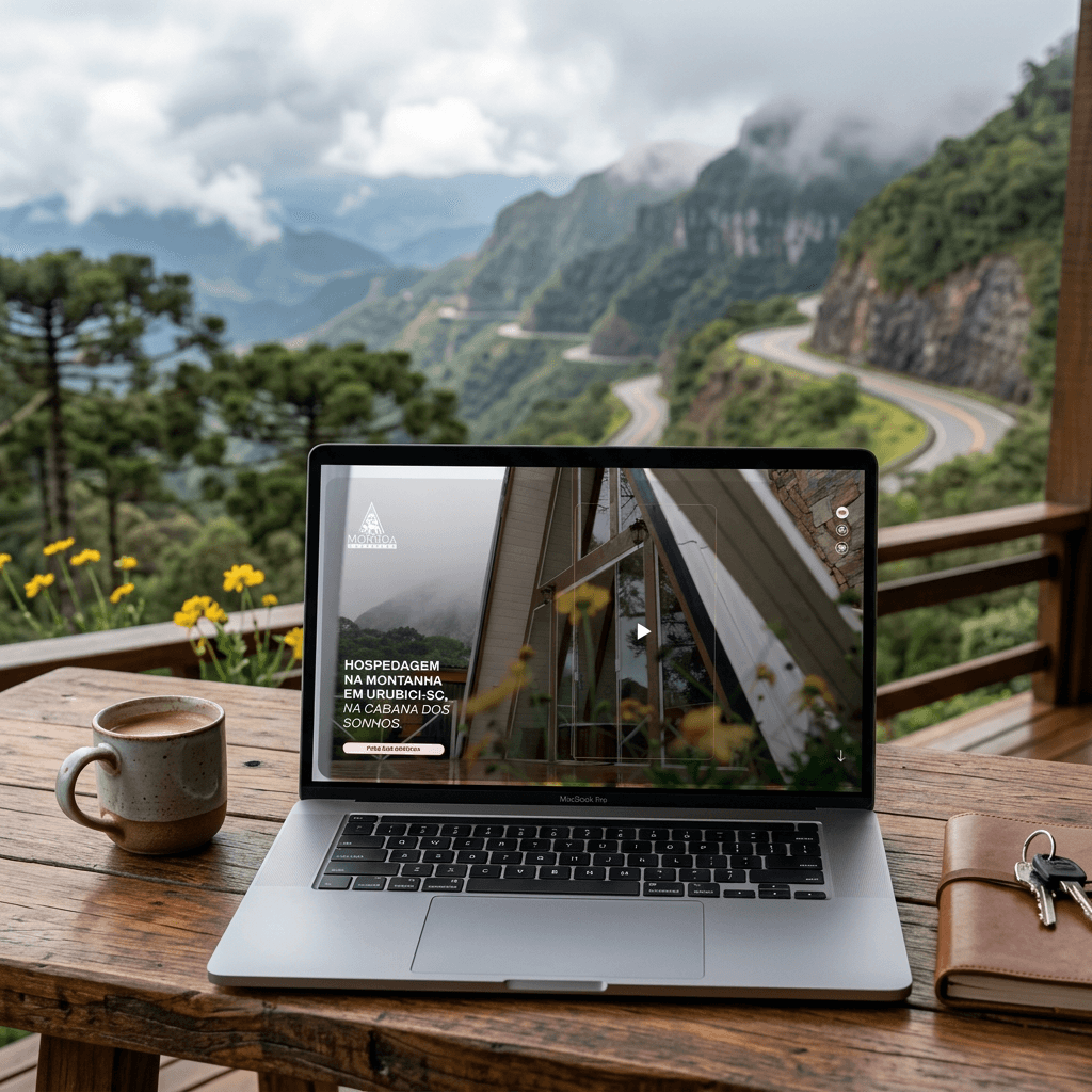 Site da Morada Carneiros, hospedagem na montanha em Urubici (SC), aberto num notebook na varanda com vista para a serra