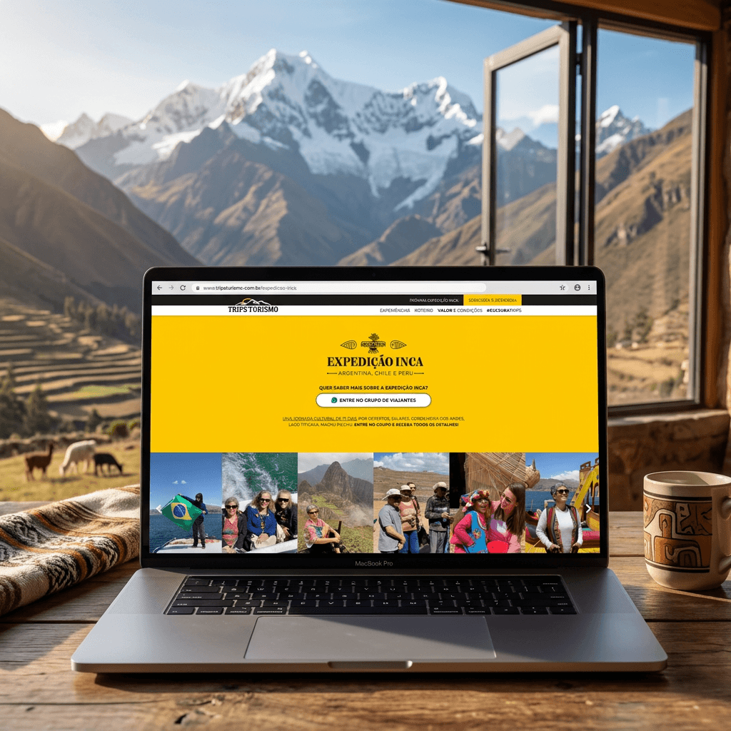 Página da Expedição Inca da Trips Turismo aberta num notebook, com os Andes nevados na janela